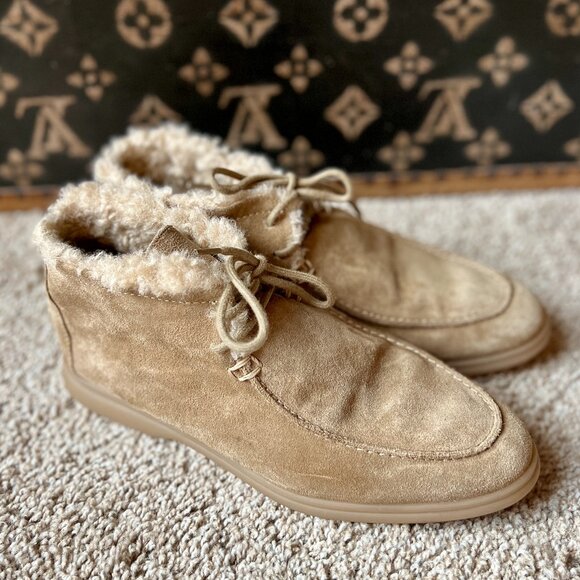 Zara Suede Shearling Lined Desert Ankle Boots, Tan - Picture 1 of 5